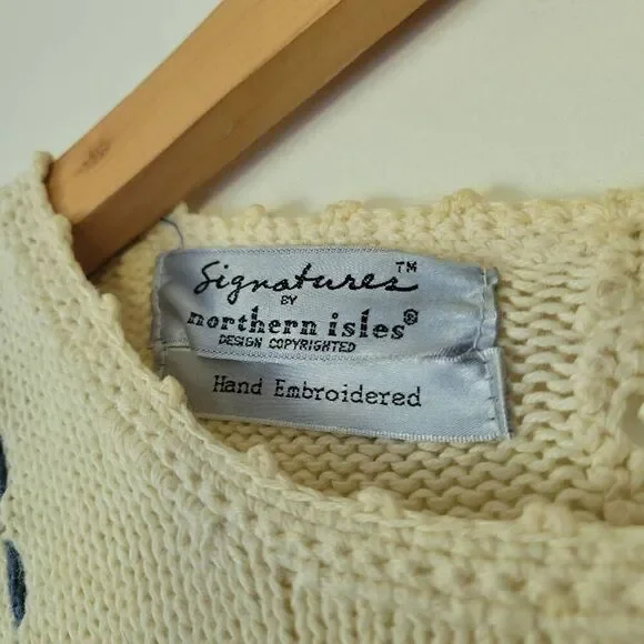 Vintage Northern Isles Hand Embroidered Knit Sweater Cream M - Picture 4 of 12